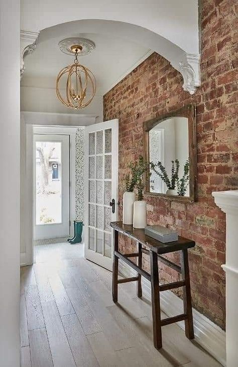 Flooring For Brick Wall, Brick Wall Wood Floor, Long Homes Exterior, Flooring With Brick Walls, White Fake Brick Wall, Face Brick Wall Interiors, Light Brick Interior Wall, Photos On Brick Wall, Brick Wall Accent Ideas