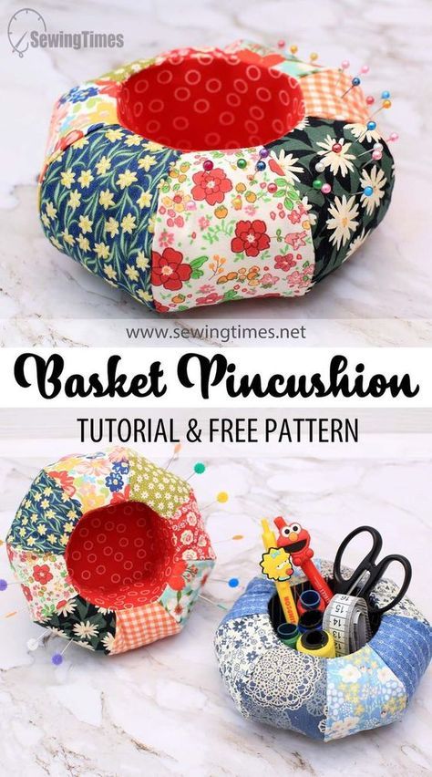 DIY Basket Pincushion | Free Pattern | Fabric Scraps Craft Idea [sewingtimes] Diy Pin Cushion, Making Bags, Pin Cushions Patterns, Diy Fabric Crafts, Sewing Machine Projects, Scrap Fabric Crafts, Scrap Fabric Projects, Cute Sewing Projects, Quilted Gifts