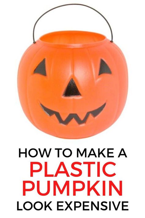 Decorate for halloween with these easy and cheap plastic pumpkin makeover idea to make your decor look more expensive. This idea is super creative and is perfect if you love rustic farmhouse halloween decor theme. #hometalk Plastic Pumpkins Makeover, Pumpkin Makeover, Plastic Pumpkins Bucket, Bucket Crafts, Farmhouse Halloween Decor, Decorate For Halloween, Pumpkin Bowls, Fake Pumpkins, Pumpkin Bucket