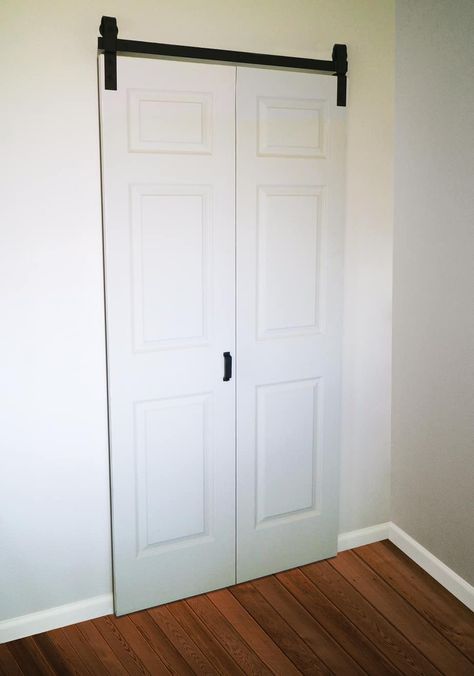 Folding Barn Door, Closet Nook, Bifold Doors Makeover, Slat Walls, Barn Door Installation, Bypass Barn Door, Indoor Ideas, Bifold Barn Doors, Plank Ceiling