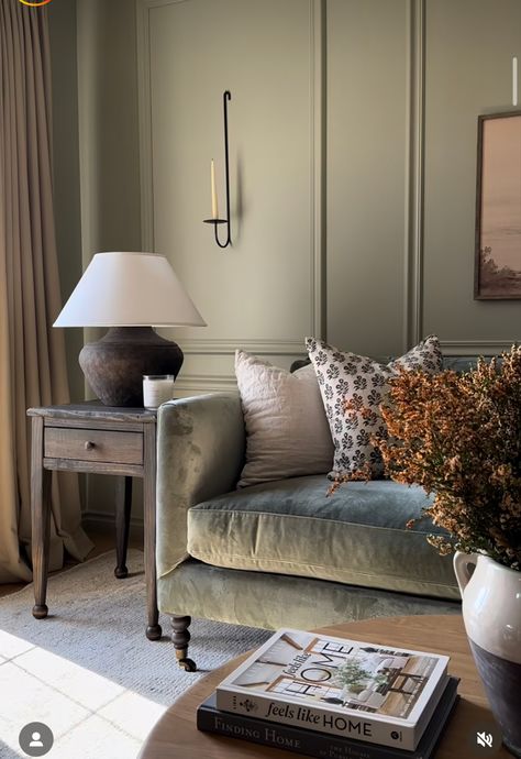 Living Room Ideas Green Accents, Cozy Parisian Living Room, Sage Sofa Living Room Decor, Sage Green Sofa Living Room, Living Room With Green Couch, Beadboard Living Room, Cottage Core Living Rooms, Traditional Living Room Decor Ideas, Sage Sofa