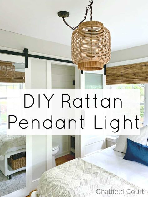 How to make a rattan DIY hanging lamp with thrifty finds for a guest bedroom. #diy #hanginglampdiy #hanginglight #hangingpendantlight #pendant light #pendantlightdiy Diy Hanging Lamp, Diy Hanging Light, Diy Outdoor Lighting, Diy Pendant Light, Hanging Diy, Lamp Diy, Diy Lampe, Diy Nightstand, Rattan Pendant