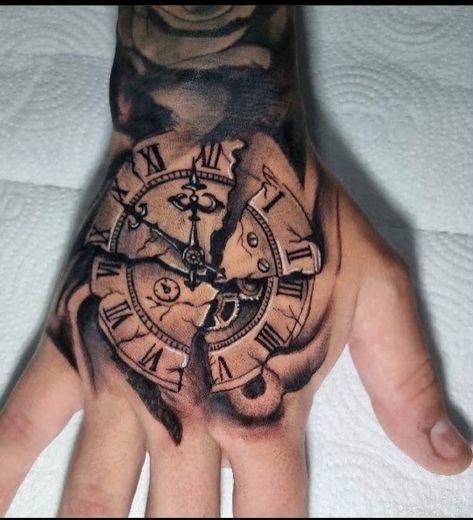 Front Hand Tattoo, Clock Hand Tattoo, Tattoo Clock, Broken Clock, Men's Tattoos, Hand Tattoo Designs, Masculine Tattoos, Clock Tattoo, Small Hand Tattoos