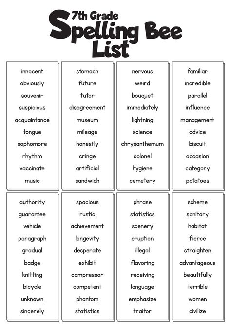 7th Grade Spelling Bee Word List Hardest Spelling Bee Words, 8th Grade Spelling Words List, Grade 7 Spelling Words, 7th Grade Spelling Words List, 2nd Grade Spelling Words List, 3rd Grade Spelling Words List, Hard Spelling Words, Spelling Bee Practice, Hard Spelling Bee Words