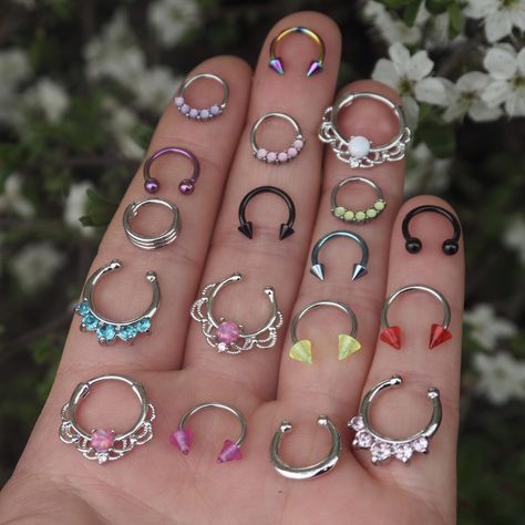 Shop our septum ring collection #bodyjewellery #septumpiercing #grunge Different Septum Jewelry, Grunge Septum Piercing, Different Septum Piercings, Grunge Septum Jewelry, Pretty Septum Jewelry, Septum Piercing Ideas, Cool Septum Piercing, Cool Septum Rings, Cute Septum Piercing Jewelry