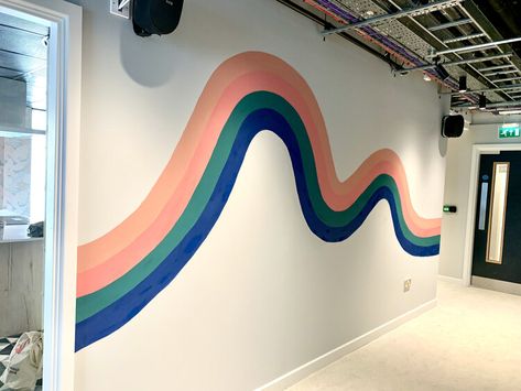 Painted Wavy Lines On Wall, Swirl Paint Accent Wall, Squiggle Line Wall Paint, Wiggle Wall Paint, Funky Paint Walls, Retro Accent Wall Paint, Painted Squiggle On Wall, Squiggle Painted Wall, Fun Paint Designs For Walls