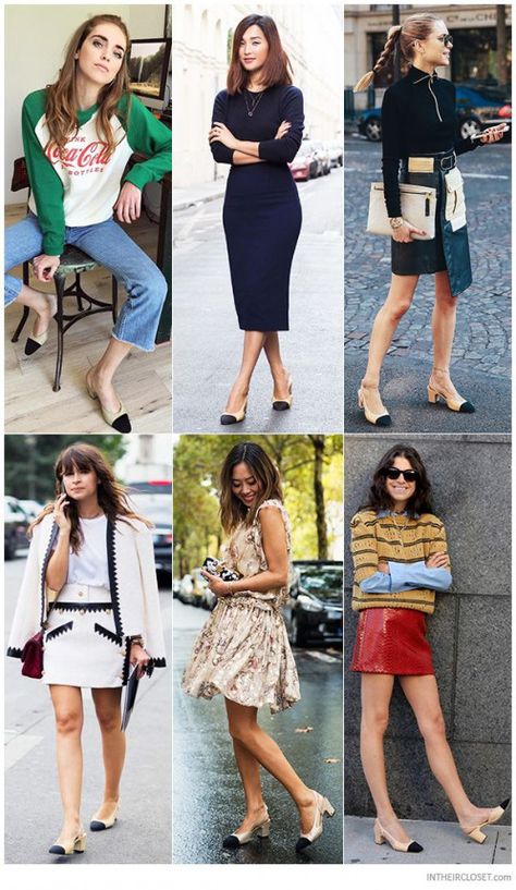 Chiara Ferragni (The Blonde Salad) Nicole Warne (Gary Pepper Girl) Pernille Teisbaek (Look de Pernille) Miroslava Duma Aimee Song (Song of Style) and Leandra Medine (Manrepeller) wearing Chanel Two-Tone Slingback Pumps #pumps #chanel #pumps Chanel Two Tone Slingback, Two Toned Slingbacks Outfit, Channel Slingback Shoes, Two Toned Heels Outfit, Two Tone Pumps Outfit, Chanel Slingback Heels, Chanel Slingback Outfit Summer, Outfits With Chanel Slingbacks, Styling Chanel Slingbacks