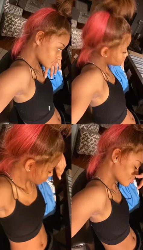 Dyed Pink Natural Hair, Pink And Brown Natural Hair Black Women, Brown And Pink Hair Natural, Bleach Hairstyle Ideas, Ginger With Pink Skunk Stripe, Hair Color Inspiration Black Women, Light Brown Hair With Pink Skunk Stripe, Ginger And Pink Skunk Stripe, Dyed Hair 2 Colors