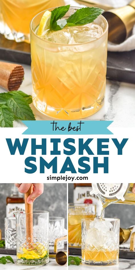 A Whiskey Smash is a classic and easy cocktail that you will fall in love with. Combining the flavors of lemon, mint, and whiskey, this refreshing cocktail is going to become your new favorite. Essen, Whiskey Smash Recipe, Whiskey Drinks Simple, Bourbon Mixed Drinks, Whiskey Based Cocktails, Bourbon Drinks Recipes, Whiskey Cocktails Easy, Whisky Cocktail Recipes, Shake Drink