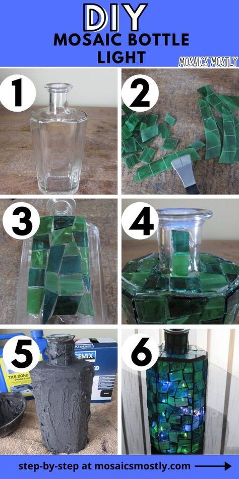 Create a lovely stained glass mosaic light out of a used bottle. Great mosaic beginners project and so inexpensive to create! Mosaic Wine Bottles, Mosaic Bottles Ideas, Mosaic Vases Ideas, Beginner Mosaic Projects, Easy Mosaic Patterns For Beginners, Glass On Glass Mosaic Ideas, Mosaics For Beginners, Easy Mosaic Projects For Beginners, Mosaic For Beginners