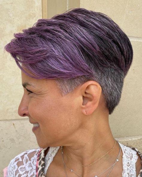 Gray Hair With Purple Highlights, Grey Hair With Purple Highlights, Dyed Pixie Cut, Purple Salt, Purple Pixie Cut, Highlights Brown Hair Short, Purple Hair Streaks, Purple Blonde Hair, Bronde Bob