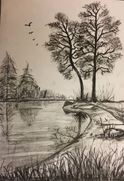 Pencil Art Drawings Senary, Landscape Sketch Pencil Nature Easy, Pencil Drawings Scenery, Nature Sketches Pencil Beautiful, Landscape Sketch Pencil Nature, Nature Pencil Sketches, Natural Scenery Drawing Pencil, Forest Sketch Simple, Black And White Landscape Drawing