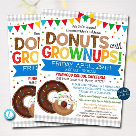 "DONUTS WITH GROWNUPS FLYER! This printable 'donuts with grownups flyer' is great to us for your school, church PTA, breakfast father's day events and more! Full Editing Options With Templett.com TRY THE DEMO NOW - Just copy and paste this url: https://templett.com/design/demo/TidyLady19/13917832 Designed for Printing 8.5x11\" *You are not able to edit this file on an iPad, iPhone, or any other handheld device. *This is a DIY self-editing digital, printable product - I do not edit this file for Coffee Bar Pto, Donuts With Grownups, Pta Organization, Pta Events, Lunch Invitation, Pta Fundraising, School Pto, Fundraiser Flyer, Parent Involvement