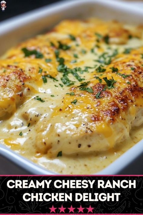 Delicious cheesy ranch chicken bake is a go-to recipe for easy dinners. This dish combines tender chicken with a creamy ranch and cheese topping that is sure to please. #DeliciousDinner #CheesyRanch #BakedChicken Easy Chicken And Cheese Recipes, Chicken Casserole Cream Of Chicken, Baked Chicken Healthy Recipes, Ranch Dip Chicken Recipes, Cheesy Chicken Bake Easy, Yummy Baked Chicken, Cheesy Garlic Baked Chicken, Creamy Baked Chicken Recipes Oven, Baked Chicken With Cream Sauce