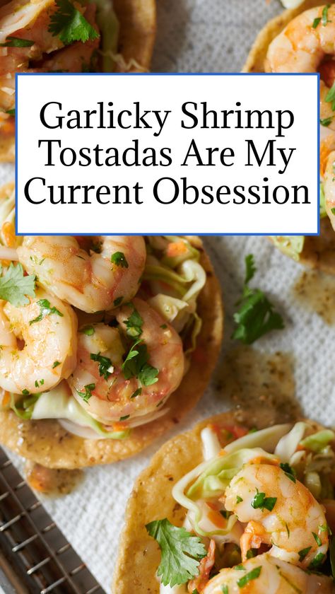 With a few ingredients you can turn a crunchy tortilla shell into a meal that satisfies your entire household. The latest version to be making the rounds in my kitchen: shrimp tostadas with quick curtido and salsa verde. It’s crunchy, deeply flavorful, and makes a great lunch or dinner. #easydinners #familydinner #tostadas #shrimptostadas #easyrecipes Shrimp Tostadas With Pineapple Salsa, Shrimp Tostadas Mexican, Tostada Salad, Shrimp Tostada, Curtido Recipe, Bean And Cheese Burrito, Cheese Burrito, Shrimp Tostadas, Garlicky Shrimp