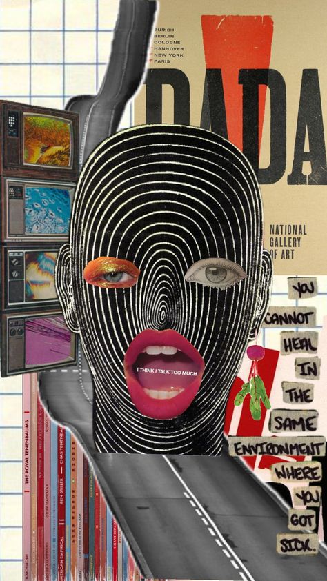 #dada #art #collage #items Dada Art Collage, Dadaism Aesthetic, Dadaism Art Paintings, Dadaism Collage, Dada Poster, Smile Collage, Kiki Core, Dada Art Movement, Dadaism Art