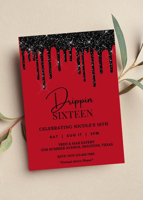 Editable Drippin 16 birthday invitation perfect for your next sweet 16 birthday party. This red and black dripping invitation can be edited yourself using Canva. If you choose to print yourself the print size is 5x7 and can be printed on cardstock invitation paper. You can also have the completed file taken to your local print shop and have them print. Can also be saved as an image to use as a text invitation or email invitation. All the wording is editable. Details: red invitation with black sparkle drip, dripping glitter. Use to celebrate a sweet 16 birthday party, drippin 16 or swag 16 theme. Can easily be edited for any age birthday. HOW IT WORKS: ♥ Once purchased, you will receive a link that will take you to Canva.com where you will be able to edit the template. You will be able to e Matte Black Invitations, Red And Black Birthday Invitations, Red And Black Sweet 16 Invitations, Red Black And Gold Party Invitations, Red Black And Gold Birthday Invitations, Sweet 16 Party Ideas Themes Black White Red, Red And Black Party Invitations, Red And Black 60th Birthday Ideas, Red Themed Sweet 16 Party