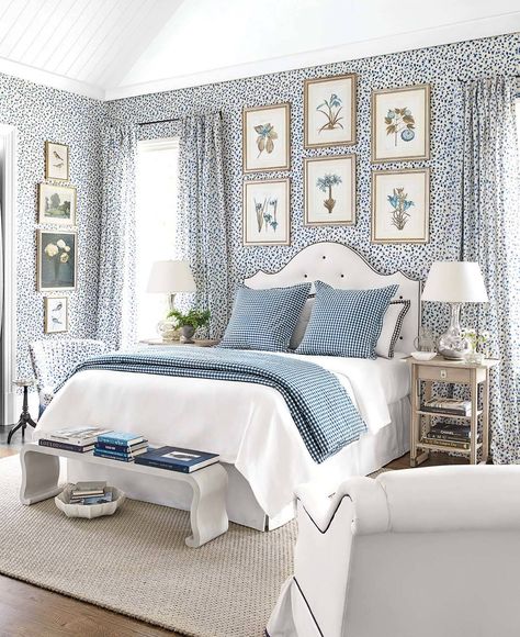 Ballard Designs Bedroom, Rose Bedroom, Blue And White Wallpaper, Blue Stuff, White Bedroom Design, Blue White Decor, White Bed, Bedroom Photos, Dreamy Bedrooms