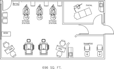 Salon Floor Plan Design Layout - 696 Square Feet Beauty Salon Floor Plan, Floor Plan Design Layout, Salon Layout Ideas Floor Plans, Salon Floor Plan, Shop Floor Plan, Small Salon, Hair Salon Design, Hair Salon Interior, Salon Suites Decor