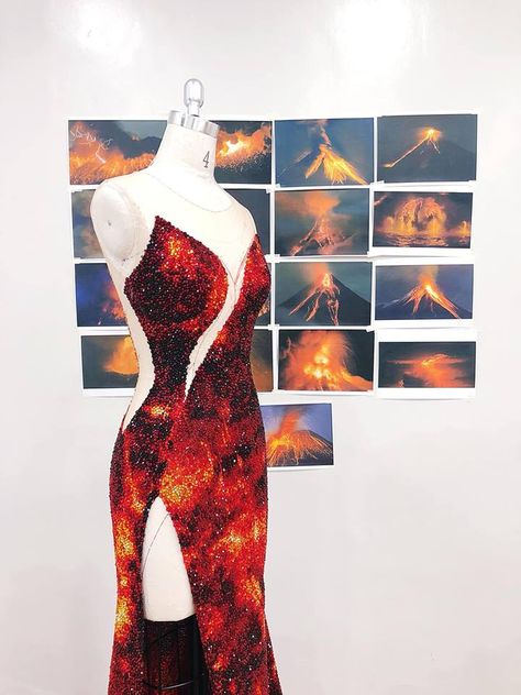 Catriona Gray on Twitter: "The "Mayon Volcano" evening gown creation by Mak Tumang #MissUniverse #MissPhilippines… " Miss Universe Lava Dress, Volcano Inspired Dresses, Lava Inspired Fashion, Lava Dress Catriona, Dresses Inspired By Fire, Catriona Gray Lava Gown, Phoenix Inspired Dress, Phoenix Dress Gowns, Lava Gown