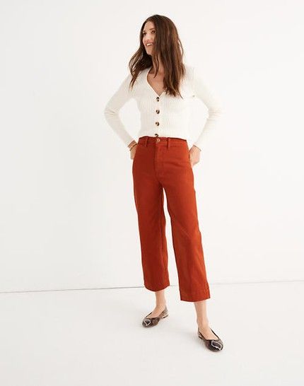 Rust Colored Pants, Colored Pants Outfits, Wide Leg Crop Pants, Petite Pants, Colored Pants, Red Pants, Crop Pants, How To Slim Down, Pants Outfit