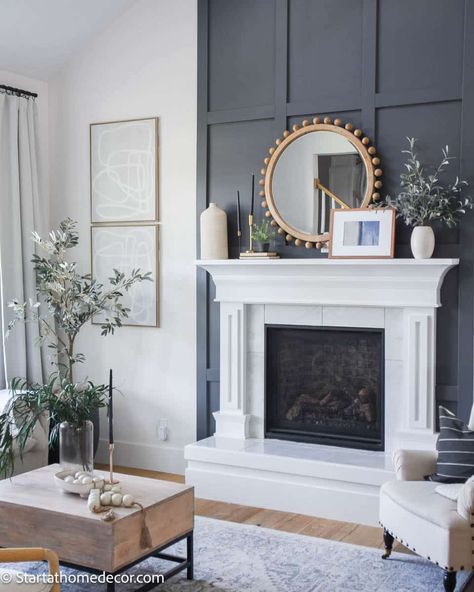 Modern Wainscoting Ideas Living Room Fireplace, Molding Above Fireplace Mantel, Modern Vintage Fireplace Ideas, Panel Above Fireplace, Fireplace Wall Treatments, Fireplace Panelling Ideas, Fireplace Wall Trim Ideas Moldings, Black Wainscoting Fireplace Wall, Trim Above Fireplace Mantle