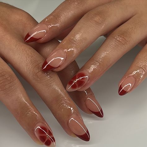 ♥️ @apresnailofficial in shade brickhouse - - - #gelx #nails #gelnails #fallnails Red Nail Almond Shape, Almond Blooming Gel Nails, Simple Blooming Gel Nails, Brown Blooming Gel Nails, Red Blooming Gel Nails, Short Ballerina Nails Designs, Sculpting Gel Nails, Cupid Nails, Red Nails Aesthetic