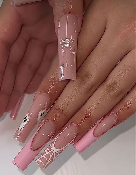 Dog Groomer Acrylic Nails, Design For Blue Nails, Cute Halloween Nails With Gems, Jewel Spider Nails, Pretty Pink Nails Acrylic Long, Long Square Gel X Nails, French Tip Nails With Design Birthday, Spooky Glam Nails, 1 Year Anniversary Nail Ideas