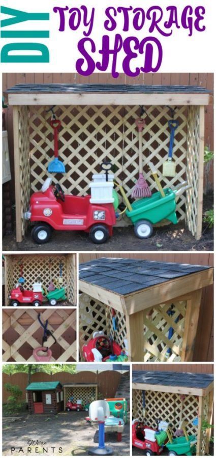 We’re Parents turned their DIY toy shed into a family project. It even has a roof on it and can hold a lot of outdoor toys. They also figured out that they can have many uses from this shed in the future too. Toys Organization, Diy Outdoor Toys, Toy Organization Diy, Outdoor Toy Storage, Outdoor Toys For Toddlers, Diy Toy Storage, Kids Toy Organization, Diy Kids Toys, Outdoor Toys For Kids