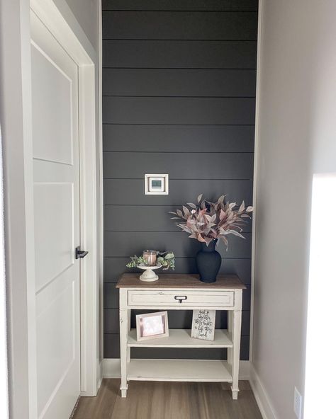 Gray Paint Accent Walls, Urbane Bronze Shiplap Wall, Peppercorn Shiplap Wall, Dark Shiplap Accent Wall, Dark Gray Accent Wall Bathroom, Entry Hallway Accent Wall, Black Shiplap Bathroom Accent Wall, Urbane Bronze Shiplap, End Of Hall Accent Wall