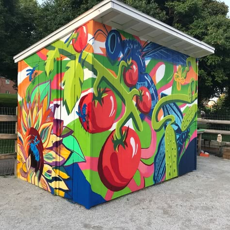 Painted Garden Shed Mural, Wood Fence Mural, Community Garden Mural, Painted Shed Mural, Mural On Shed, Vegetable Mural, Shed Murals Outdoor, Garden Shed Mural, Garden Mural Outdoor Wall Art