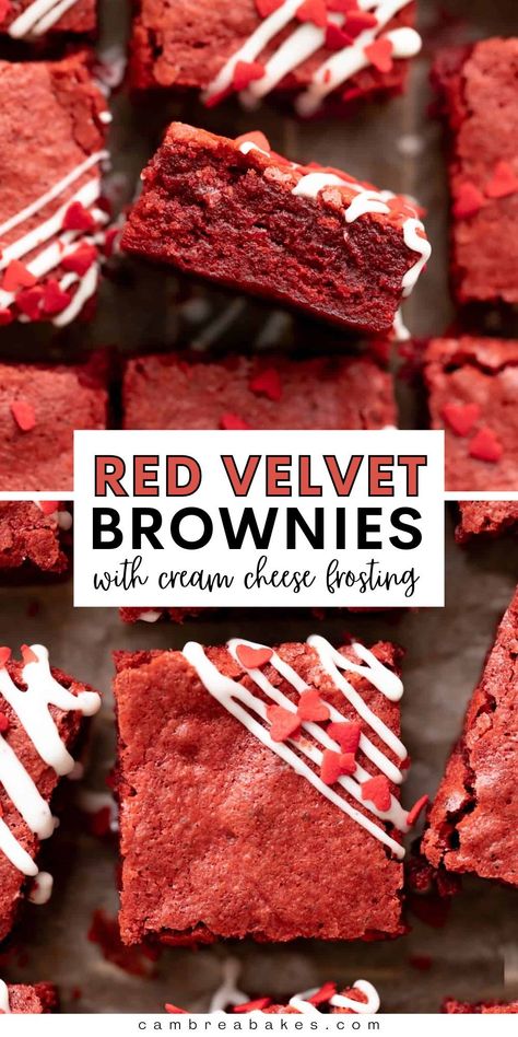 Red velvet brownies are fudgy homemade brownies with a bright red color, classic red velvet cake flavor, and tangy cream cheese drizzle! These are great for special festive holiday treats and delicious! | Cambrea Bakes Fudgy Homemade Brownies, Brownies With Cream Cheese, Cambrea Bakes, Cream Cheese Drizzle, Red Velvet Flavor, Velvet Brownies, Red Velvet Brownies, Lemon Brownies, Perfect Brownies