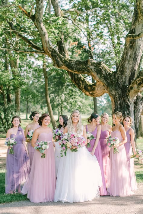 Violet Wedding Dress Lavender, Tangled Wedding Bridesmaid Dresses, Tangled Inspired Bridesmaid Dresses, Wedding Themes Bridesmaids, Lilac And Pink Bridesmaid Dresses, Rapunzel Wedding Colors, Disney Bridesmaids Dresses, Lilac Wedding Bridesmaid Dress, Rapunzel Bridesmaid Dress