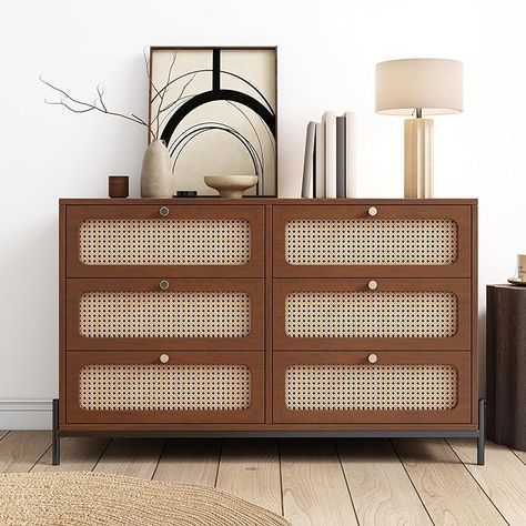 Amazon.com: 6 Drawer Dresser,Modern Cannage Rattan Wood Chest with 6 Drawers,Wood Storage Cabinet Sideboard for Bedroom, Living Room, Entryway, Hallway(Walnut) : Home & Kitchen Wood Storage Cabinet, Dresser In Closet, Wood Closet, Rattan Wood, Dresser Wood, Cabinet Sideboard, Wood Storage Cabinets, Dresser Storage, Drawer Design