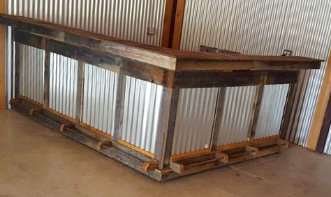 Out door or barn bar made out of old fence boards with new tin panels Old Barn Door Ideas, Corrugated Metal Bar, Barn Door Ideas, Ceilings Ideas, Barn Bar, Old Fence Boards, Tin Bar, Bathtub Surround, Moroccan Ceiling