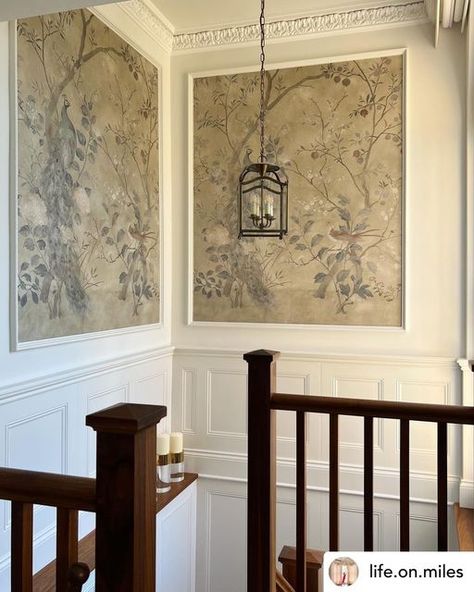 Framed Wallpaper Panels, Staircase Wallpaper, Slaked Lime, Stair Paneling, Modern Rustic Farmhouse, Lime Paint, Feature Wallpaper, Smart Home Design, Home Stairs Design