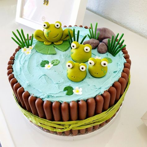 Frog Party Food Ideas, Frog Pond Cake, Frog Theme Cake, Frog Cake Ideas, Frog Birthday Cake Ideas, Fondant Frog, Animal Cupcakes Easy, Chocolate Finger Cake, Frog Birthday Cake