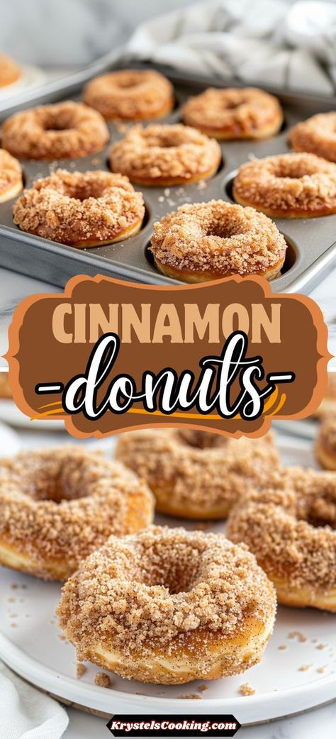 Delicious Baked Cinnamon Crumb Donuts: This easy recipe for homemade donuts features a cinnamon crumb topping and is oven-baked to perfection. A sweet treat for any time of day! Baked Cinnamon Donut Recipes, Homemade Baked Donuts Recipe Easy, Bake Doughnuts Recipe, Plain Cake Donuts Baked, Best Baked Doughnut Recipes, Oven Baked Donuts Recipes Easy, Oven Baked Doughnuts Recipes, Baking Donuts Recipe, Baked Doughnut Recipes Easy