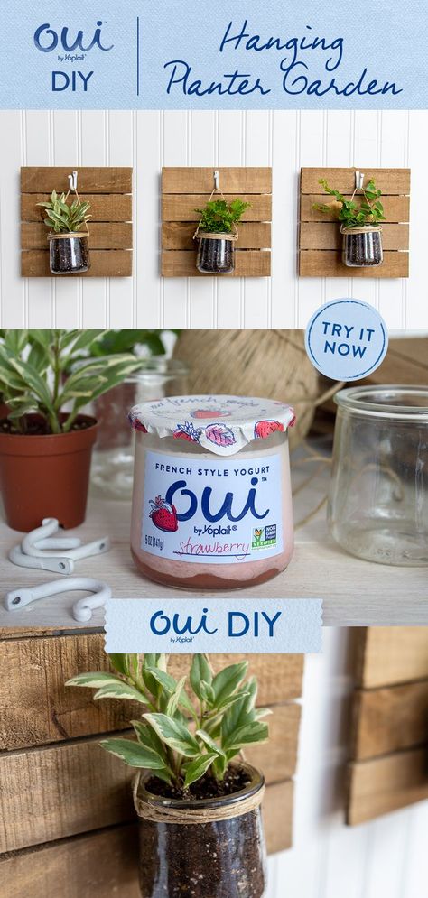 Transform any space in your home into a French garden by upcycling your Oui by Yoplait glass pot into the perfect DIY hanging planter. Visit the link for more DIY ideas. Oui Yogurt Jars Ideas, Oui Yogurt, Yogurt Jars, Yoplait Yogurt, Jars Ideas, Diy Hanging Planter, Planter Garden, Diy Home Decor Crafts, Home Decor Crafts