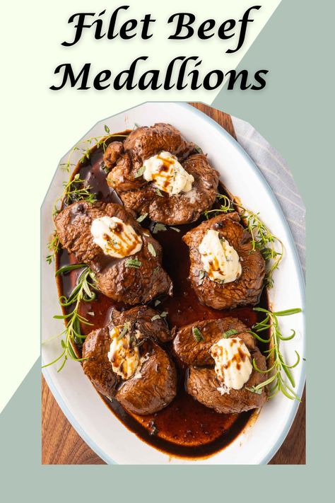 These filet medallions are pan seared to lock in all the juices and quickly cooked to perfection. The marinade not only tenderizes the steak but is also the basis to a rich brown pan sauce. Beef Medallions Recipes, Petite Tender Medallions Recipe, Filet Mignon Medallion Recipes, Filet Medallions, Seared Beef Tenderloin, Steak Medallions, Filet Medallion Recipes, Beef Tenderloin Medallions Recipes, Beef Medallion Recipes