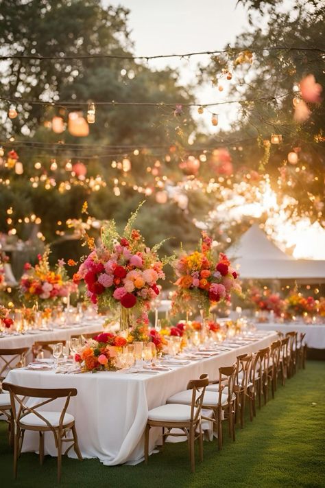 Wedding Venues Colorful, Summer Wedding Bright Colors, Flower Wedding Venues, Orange Sunset Wedding Theme, Bright Color Wedding Reception, Mexico Wedding Reception Decor, Bright Color Floral Wedding, Colorful Wedding Decorations Receptions, Fall Wedding California