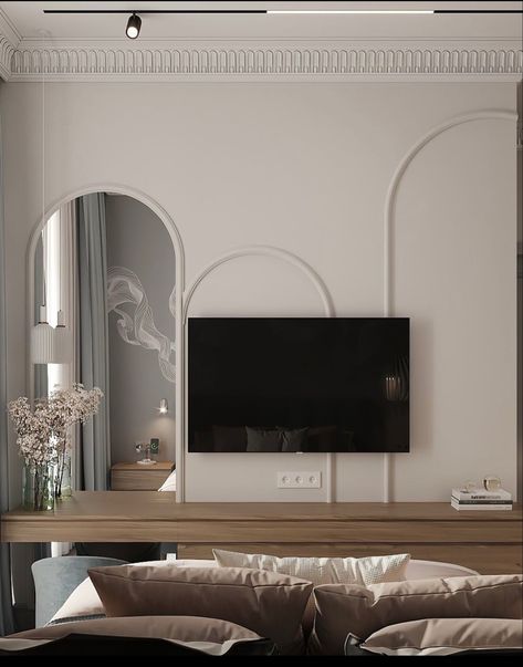 Arch Tv Unit Design, Tv Unit Bedroom, Contemporary Home Interior, Tv Unit Furniture, Tv Unit Interior Design, Minimal Interior Design, Tv Room Design, Flat Interior, Tv Unit Design