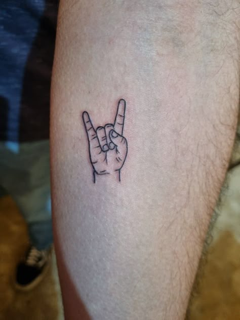 Rock And Roll Hand Sign Tattoo, School Of Rock Tattoo, Metal Music Tattoo Ideas, Rock Symbol Tattoo, Music Hand Tattoo, Rock N Roll Hand Tattoo, Rock On Hand Tattoo, Rock Sign Tattoo, Rock On Tattoo Hand