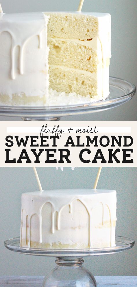 Almond Cake With Buttercream Frosting, Almond Buttercream Cake, Best White Almond Cake Recipe, Winter White Cake, White Cake Flavor Ideas, Vanilla Almond Wedding Cake, White Chocolate Almond Cake, Sweet Almond Cake, Vanilla Almond Wedding Cake Recipe