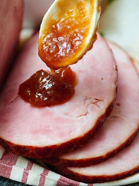 Ham with Pineapple Sauce - Baked Holiday Dinner - Sweet and Salty! Sweet Ham Gravy Recipe, Ham Dipping Sauce, Glaze For Ham, Ham With Pineapple, Ham Gravy, Bourbon Honey, Ham Steak Recipes, Ham Sauce, Holiday Entrees