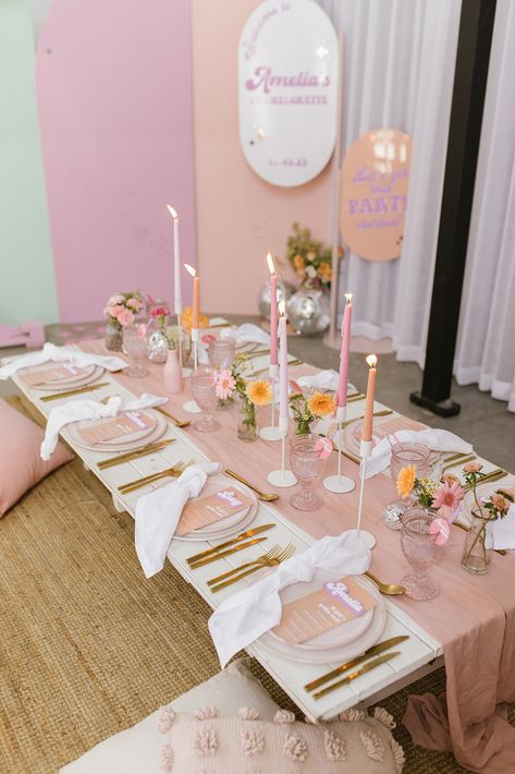 Bachelorette Party Buffet, Bachelorette Party Pastel Colors, Bachelorette Brunch Table Setting, Pastel Hen Party, Pastel Bridal Shower Theme, Hens Table Setting, Shes Tying The Knot Bachelorette Theme, Pastels Bachelorette Party, Feminine Bachelorette Party