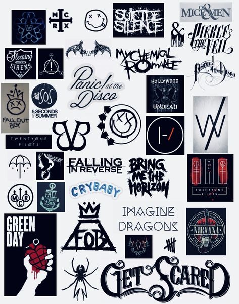 Emo/rock bands Emo Bands List, Get Scared Logo, Emo Band Logos, Get Scared Band Aesthetic, Emo Stickers Printable, Band Stickers Printable, Emo Notebook, Emo Logo, Emo Symbols