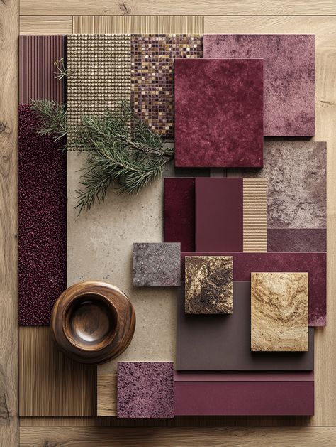 On Day 13 of our 15-day Trendy Material challenge, we spotlight the vibrant allure of mulberry wallpaper in mood board design. This rich, deep hue adds sophistication and warmth, making it a standout choice for enhancing visual appeal. The luxurious texture and color of mulberry wallpaper create a captivating focal point for any design concept.
 Mood Board Design, Vibrant Allure, Rich Hue, Sophistication, Warmth, Visual Appeal, Luxurious Texture, Captivating Focal Point, Design Concept Green Bedroom Mood Board, Mulberry Color Palette, Interior Material Palette, Concept Board Interior Design, Material Board Interior Design, Texture Moodboard, Luxury Mood Board, Material Mood Board, Mulberry Wallpaper