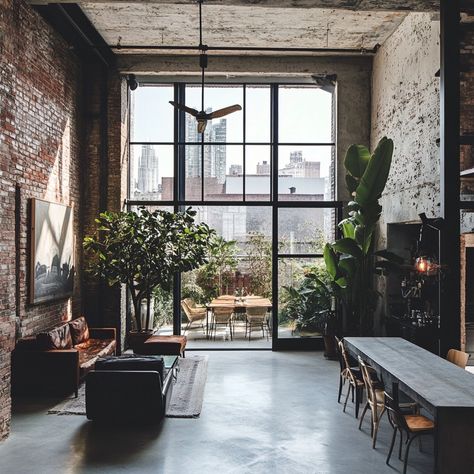 Industrial vibes and urban edge collide in this loft-like dream. Exposed brick, metal accents, and concrete flooring create a raw, authentic feel, while large windows flood the space with natural light. Open layout, minimalist decor, and a rooftop terrace complete this urban oasis. #industrialchic #loftliving #exposedbrick #metalaccents #concretejungle #urbanstyle #openconcept #rooftopvibes #minimalistdecor Brick Wall Office, Concrete Loft, Layout Minimalist, Warehouse Apartment, Industrial Windows, Alternative Living, Office Aesthetic, Concrete Flooring, Industrial Style Decor