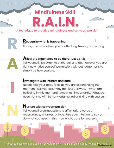 RAIN Mindfulness Technique Handout for Kids and Teens Rain Mindfulness, Rain Therapy, Therapy Space, Dbt Therapy, Mental Health Activities, Behavior Therapy, Dialectical Behavior Therapy, Practice Mindfulness, Mental Health Therapy